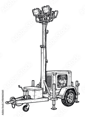 Portable light tower equipment with a powerful generator and multiple floodlights for illuminating construction sites outdoor events and emergency work zones requiring temporary lighting