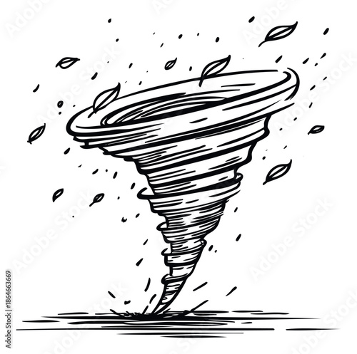 Powerful black and white hand drawn sketch of a swirling tornado bringing strong winds and flying leaves, ideal for conveying natural disaster themes or environmental concerns in various