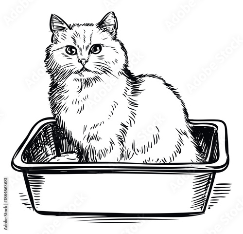 A charming domestic feline is comfortably resting inside its litter tray, ideal for pet care guides, veterinary clinic promotional materials, and animal lover publications.
