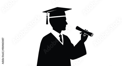 Academic Success Achievement Silhouette: Celebrating Educational Milestones and Graduation Day Triumph with a Valued Scroll Representing Hard Work