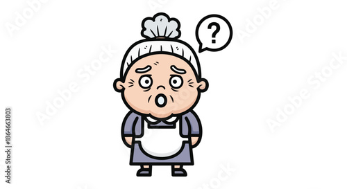 Bewildered elderly cartoon woman pondering mystery with a question mark a symbol of confusion and inquiry illustrating an unknown situation or