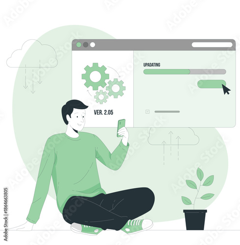 Man updating software on mobile device while sitting beside a potted plant indoors