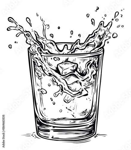 Dynamic hand drawn sketch of a refreshing drink with ice cubes creating a dramatic splash, perfect for beverage branding or menu graphics.
