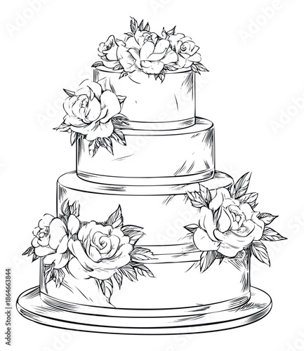 Elegant handdrawn wedding cake with beautiful roses and floral decorations, perfect for event invitations, confectionery branding, or celebration design templates