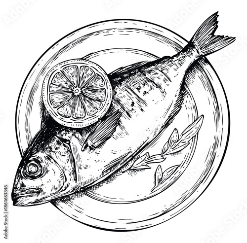 Engraved style grilled fish on a dinner plate with fresh lemon and aromatic herbs, perfect for restaurant menus, seafood recipes, culinary blogs, and cooking publications.