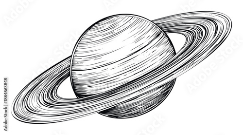 Stylized handdrawn illustration of the Saturn planet with its iconic rings, ideal for educational content, cosmic themed merchandise, and diverse graphic design applications.
