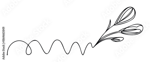 Elegant continuous line drawing of a flowing floral element evolving into decorative botanical buds, perfect for tranquil wedding invitations, modern stationery, or minimalist brand logos.