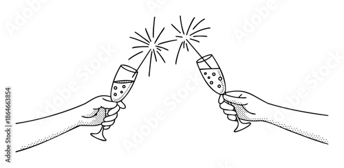 Two hands holding sparkling champagne flutes together for a festive toast to celebrate success or a special occasion perfect for holiday greeting cards and party promotions