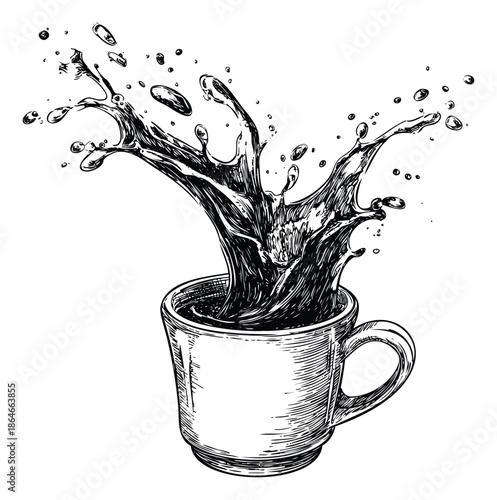 Energetic espresso splash overflowing from a vintagestyle ceramic cup, ideal for culinary publications, food blogs, and restaurant marketing materials.