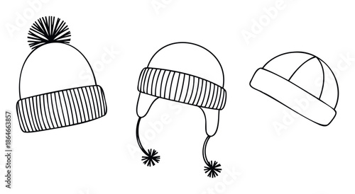 Collection of simple outline drawings depicting warm winter hats including beanies and an earflap hat, ideal for cold weather apparel graphics or seasonal clothing advertisements.