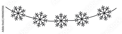 Simple hand drawn snowflake garland banner featuring an elegant line of delicate ice crystals perfect for winter holiday greeting cards festive celebrations and seasonal decorations