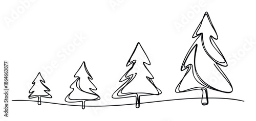 Minimalist continuous line drawing depicting a growing row of abstract coniferous trees, suitable for naturethemed graphic projects, growth concepts, or ecological presentations.