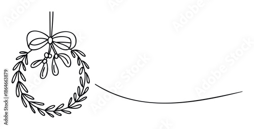 Hand drawn Christmas wreath with mistletoe and bow, perfect for festive seasonal greeting decoration, holiday invitations, winter event branding, and cheerful celebrations.