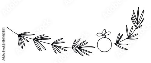 Sketchy black and white holiday border featuring a natural pine branch and a classic hanging ornament ideal for seasonal invitations and festive projects
