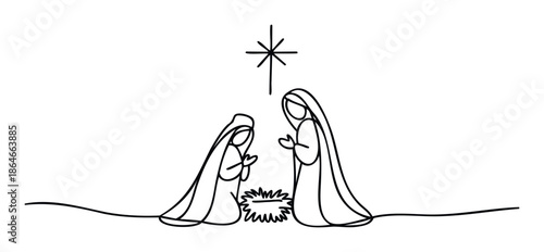 Line drawing portraying sacred Nativity scene with Mary, Joseph, and infant Jesus in a manger beneath the guiding star, ideal for Christmas greetings and spiritual holiday projects.