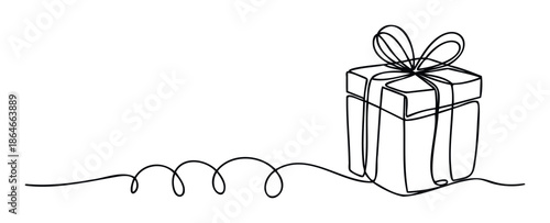 Continuous single line drawing of a festive gift box tied with a decorative bow, ideal for holiday promotions, birthday celebrations, and special event announcements.