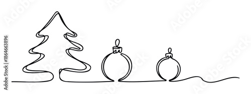 Elegant one line drawing of a Christmas tree and two hanging baubles suitable for contemporary holiday season marketing materials and festive decorations