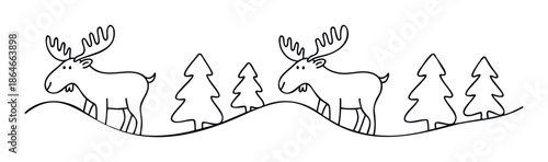 Simple black and white outline drawing showing two moose with large antlers walking across snowcovered hills with evergreen trees, perfect for winter holiday greetings and seasonal graphic