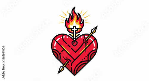A traditional tattoo-style illustration of a red heart pierced by an arrow with a cross and surrounded by flames on a white background.