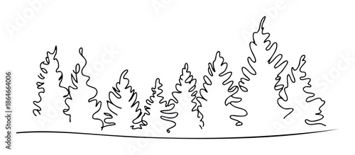 Stylish continuous line drawing depicting a forest of evergreen trees perfect for modern graphic projects, minimalist decor, or ecofriendly branding materials.