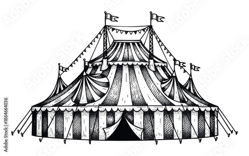 Hand drawn black and white vintage circus tent illustration featuring striped fabric and festive pennant flags, ideal for event posters, graphic prints, or themed advertisements.