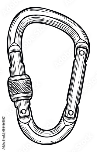 Sturdy mountaineering carabiner with screwgate lock in a classic line drawing style perfect for outdoor adventure brochures, sports equipment packaging, and safety gear product listings