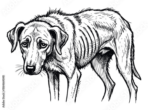 Emaciated stray dog depicted with visible ribs and sad eyes, conveying a strong message about animal welfare, ideal for campaigns promoting pet rescue and responsible ownership.