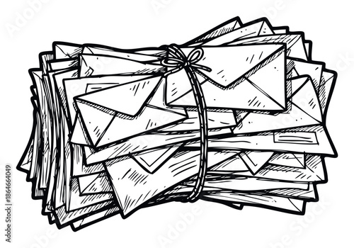 Neatly organized stack of envelopes tied with a delicate string and bow, symbolizing important correspondence, vintage messages, or nostalgic communication for print and digital media.