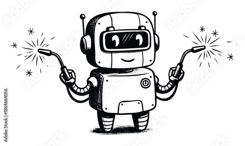 Charming black and white robot character holding welding torches and generating sparks, ideal for engineering technology development and industrial automation advertisements.