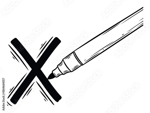 A bold black marker pen making an X mark, representing a wrong choice or error, ideal for educational materials, checklists, or graphic presentations.