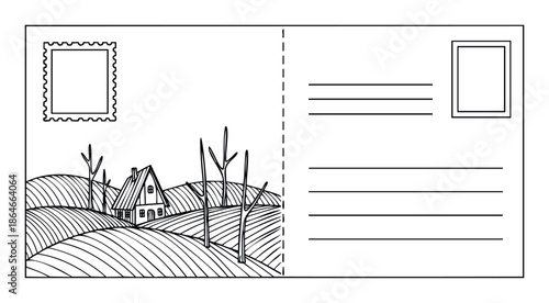 A blank postcard outline featuring a charming rustic village landscape with rolling hills and bare trees on one side and address lines and stamp area on the other, perfect for travel
