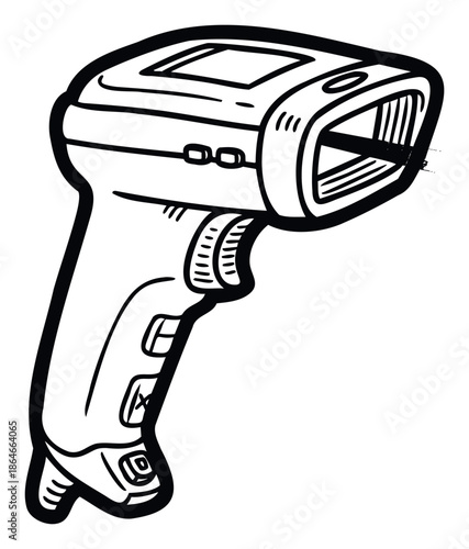 This practical monochrome handdrawn digital scanner represents modern technology for efficient retail inventory management or noncontact temperature measurement.