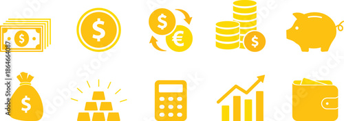 Money and finance icon set with dollar bills coins and currency exchange, business investment symbols including piggy bank wallet gold bars and growth chart, banking vector graphics isolated.