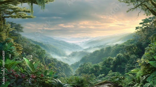 tranquil birds eye view of foggy jungle setting in the early morning