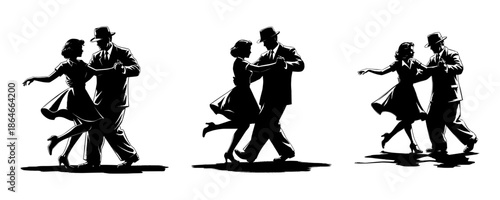 Set Of Retro Silhouette Dancing Couples Wearing Fedora Hats Illustration