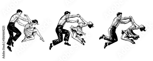 Set Of Energetic Retro Couples Dancing Swing And Jitterbug Illustration