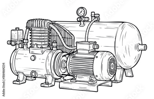 Industrial air compressor with pressure tank and electric motor, suitable for engineering, construction, and workshop related content and technical illustrations.