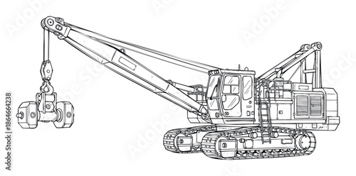 Powerful industrial crawler crane equipped with a heavy duty electromagnet attachment shown in a detailed line drawing for engineering diagrams, construction project planning, or