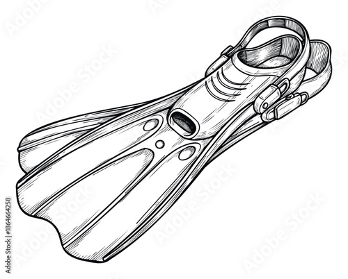 Detailed black and white engraving of swimming fins essential for divers and snorkelers, perfect for watersports publications and summer vacation travel agency advertisements.