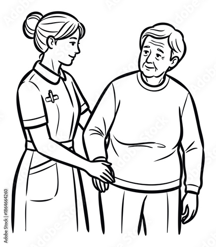 Asian nurse caring for an Asian elderly woman, providing gentle support and comfort, ideal for promoting healthcare services, senior assistance, and compassionate medical care.