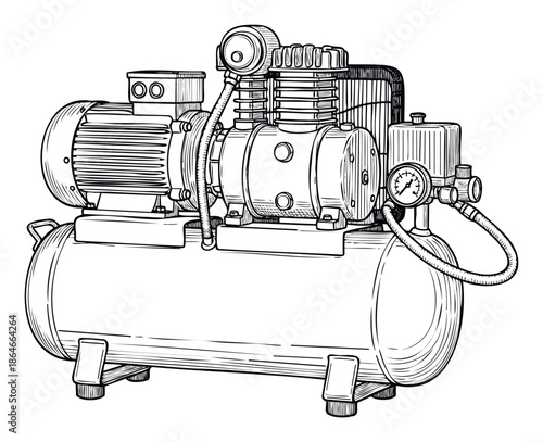 A detailed line drawing of an industrial air compressor with motor, tank, and pressure gauge, perfect for mechanical engineering publications, equipment manuals, and DIY project guides.