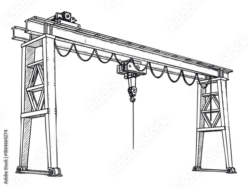 Gantry crane drawing for industrial engineering and construction projects, perfect for technical diagrams and material handling equipment visual assets