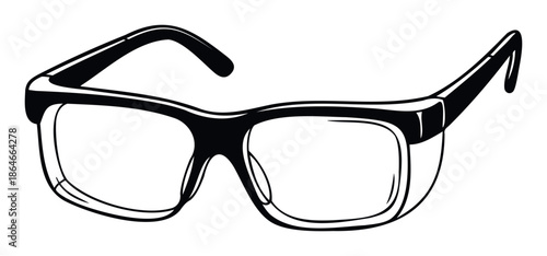 Black and white line drawing of protective safety glasses, essential personal protective equipment for industrial, construction, laboratory, and DIY protection, ideal for safety awareness