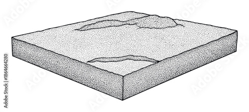 Isometric view of a textured block displaying landforms and geological stratification, suitable for educational content, scientific diagrams, and conceptual environmental modeling.