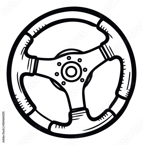 Steering wheel graphic representing precision control and dynamic movement for automotiverelated publications, driving school materials, or vehicle enthusiast media.
