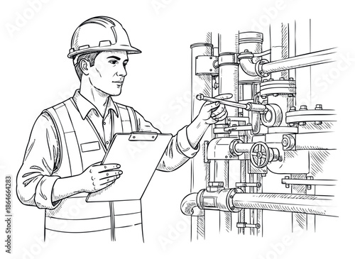 Skilled industrial engineer in a hard hat and safety vest diligently inspects complex factory piping and valve systems, perfect for depicting maintenance, safety, and operational procedures.