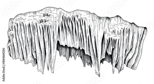 Monochrome sketch depicting an underground cave formation with stalactites, ideal for adding an organic geological texture to various media projects.