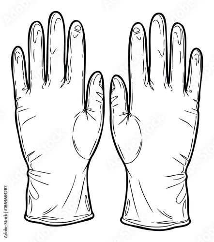 Essential disposable protective gloves outline drawing for medical safety and hygiene, suitable for healthcare, laboratory, or cleaning industry applications.