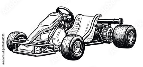Dynamic gokart vehicle for racing and highspeed sports events, perfect for merchandise, print media, web graphics, and apparel applications