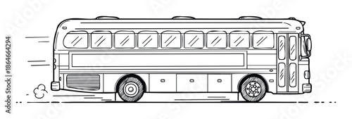 Black and white line drawing of a public transportation bus in motion with speed lines for travel brochures, educational materials, or automotive graphics.